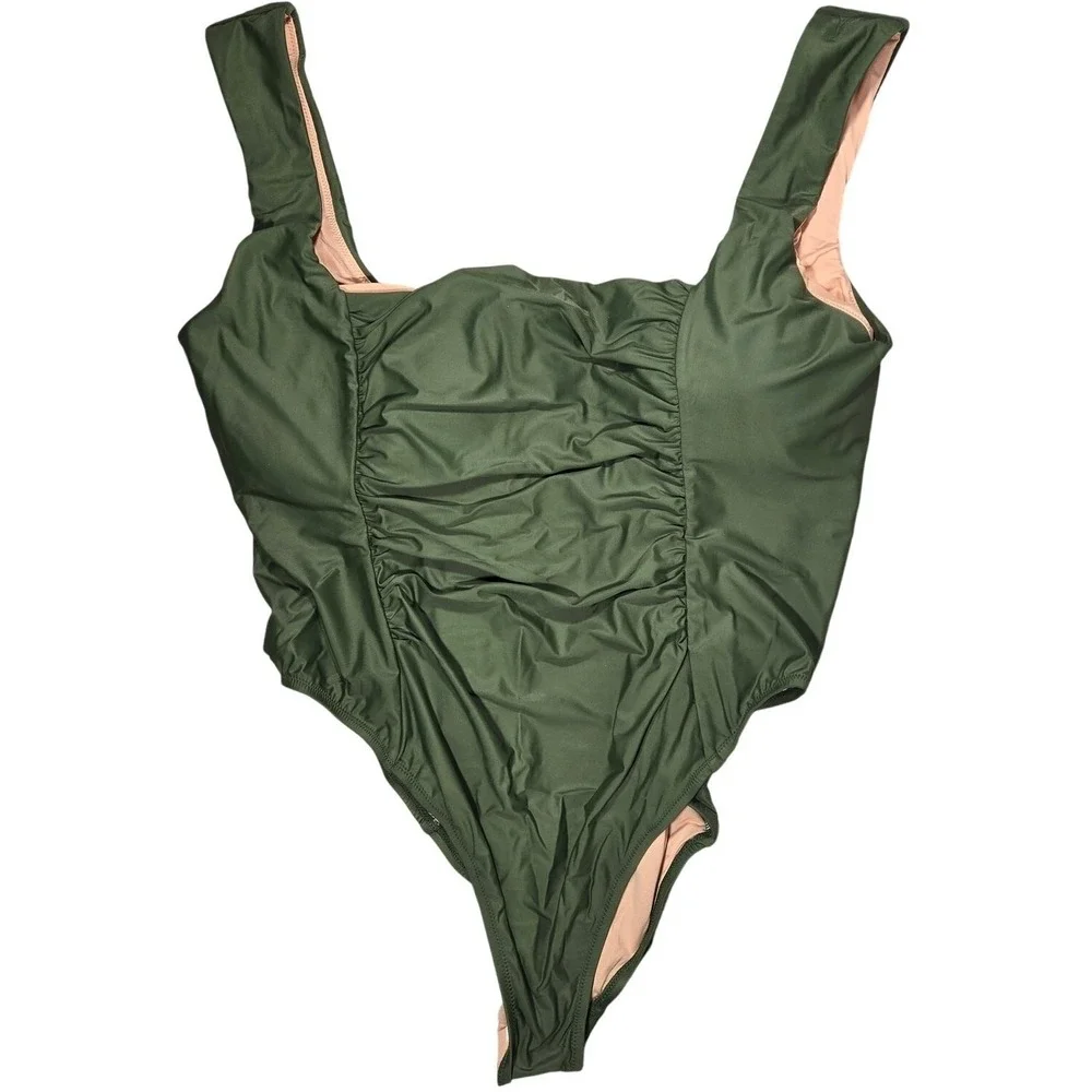 J. Crew Ruched squareneck one-piece in‎ Safari Green 24 NWT